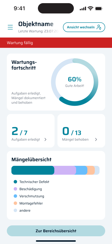 Mobiles Wartungs-Dashboard mit Fortschritt und Mängelübersicht