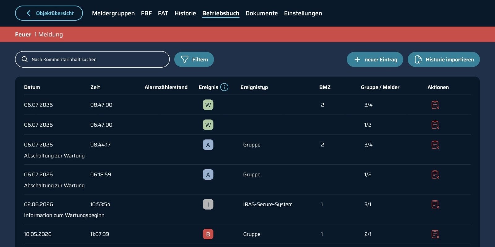 Ansicht des Betriebsbuchs in der IRAS App
