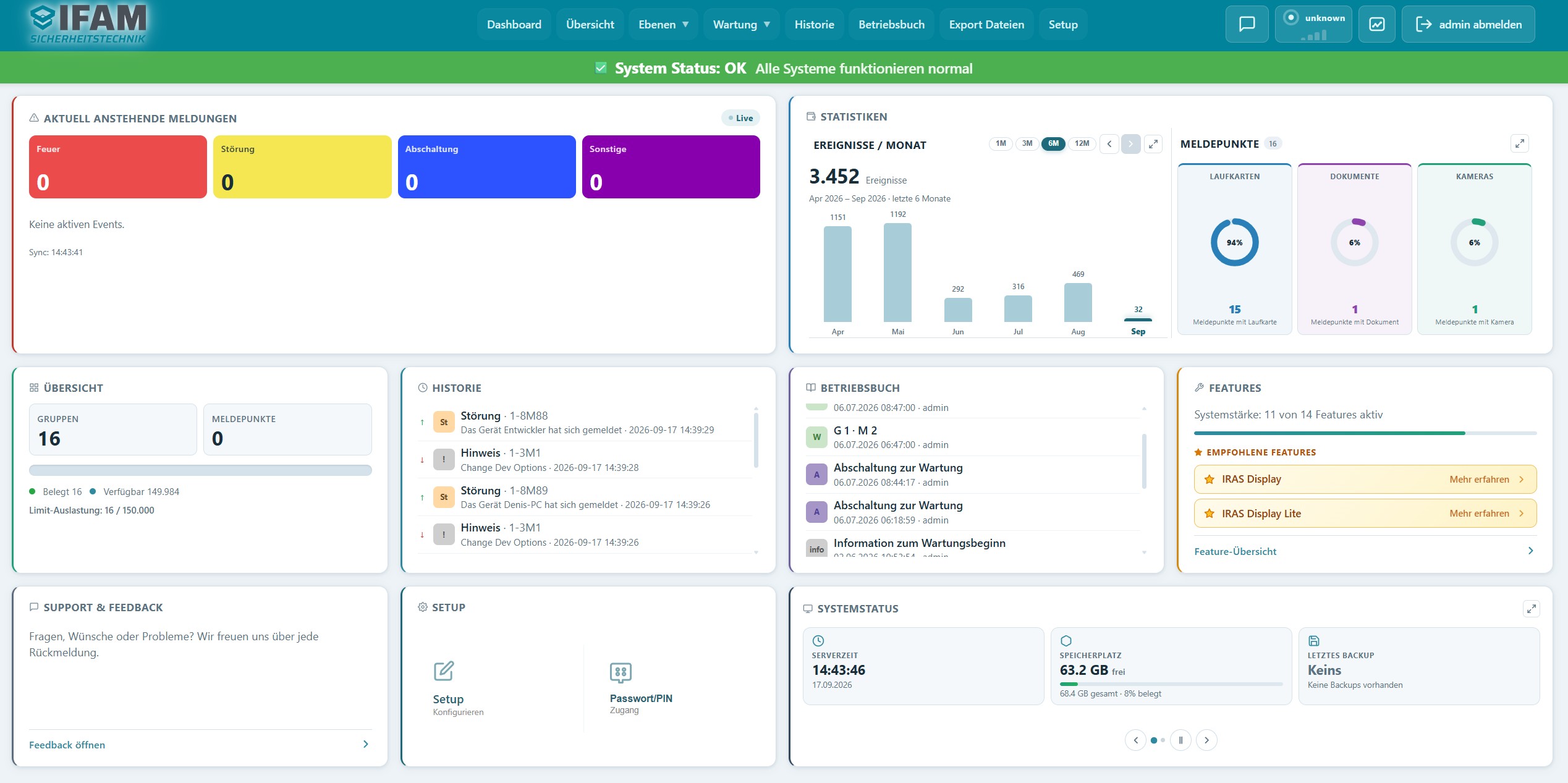 IRAS Dashboard mit Echtzeitstatus und Navigation